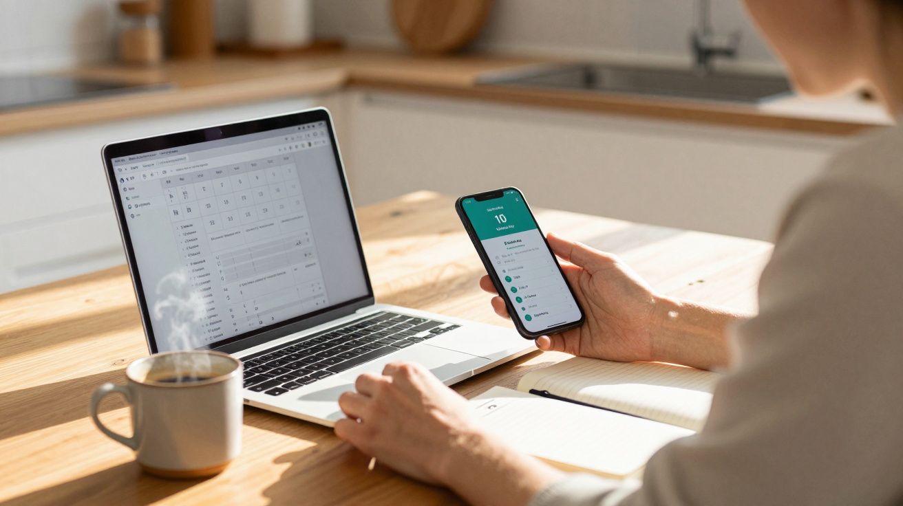 Person using a smartphone and laptop at a wooden table in a bright kitchen.