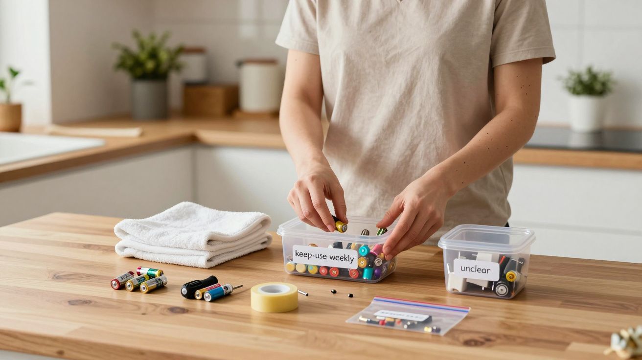 Person organising batteries into labelled containers on a kitchen countertop.