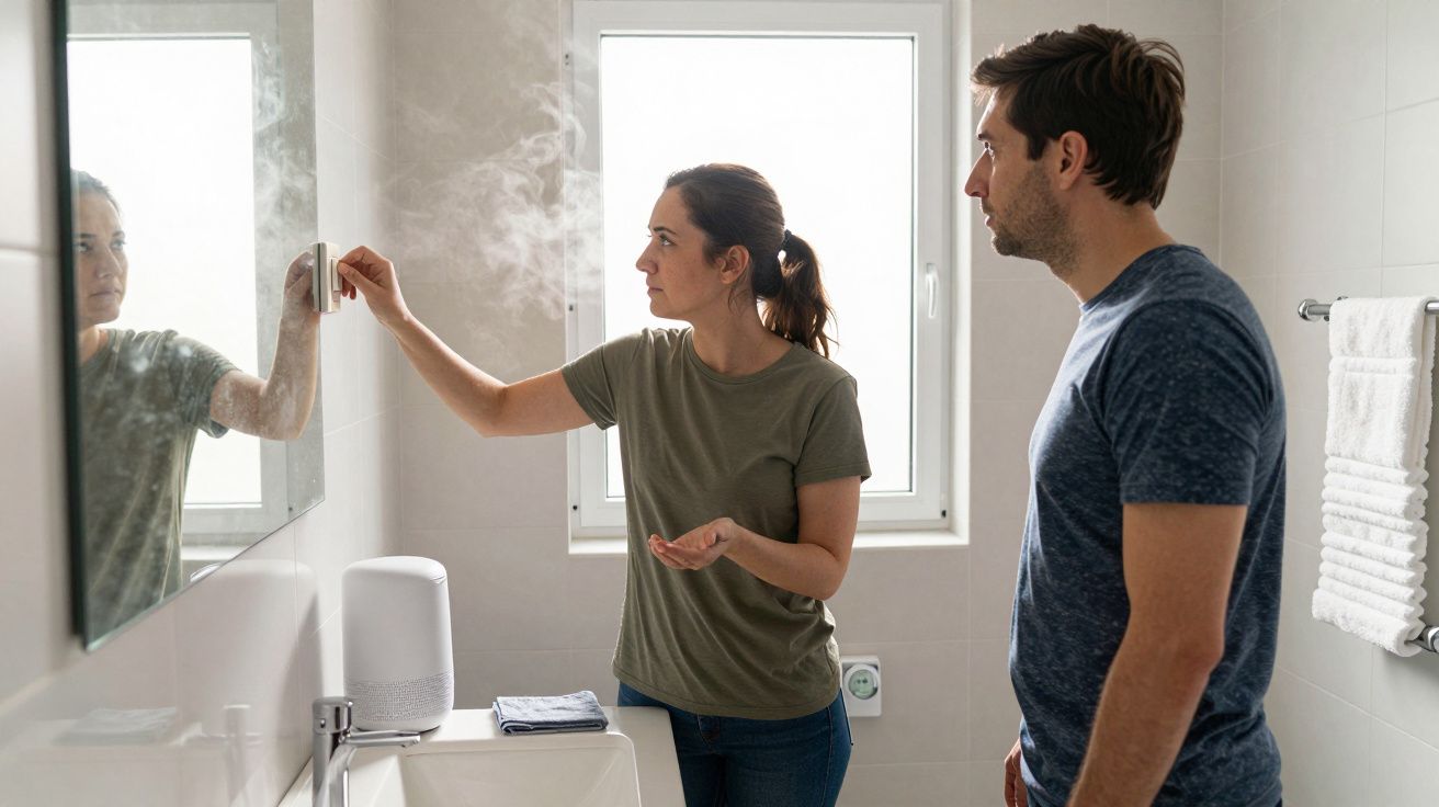 Two people in a bathroom adjusting a smart device on the wall, with steam visible in the background.