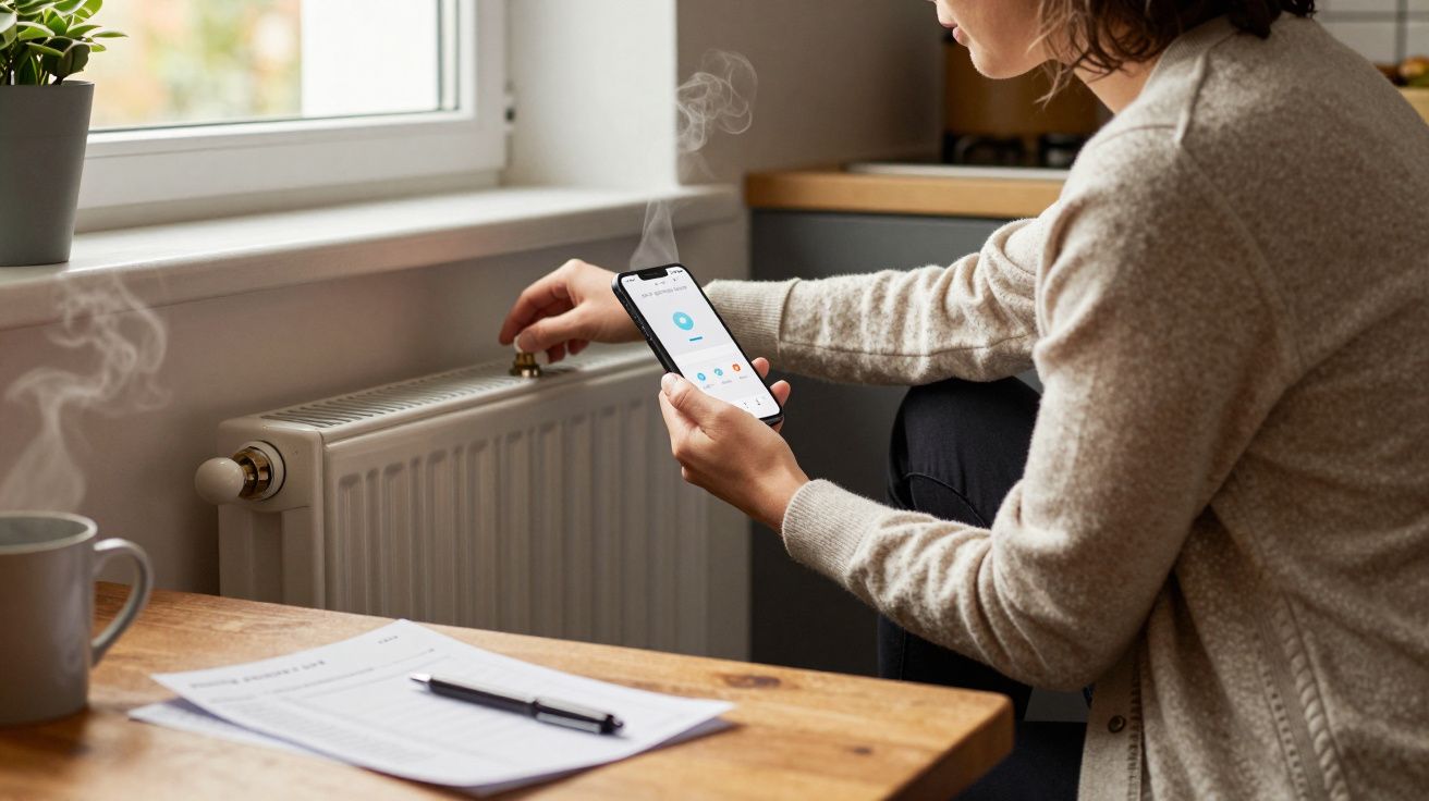 Person adjusting radiator with phone app, seated by window, steam rising from mug, documents on table.