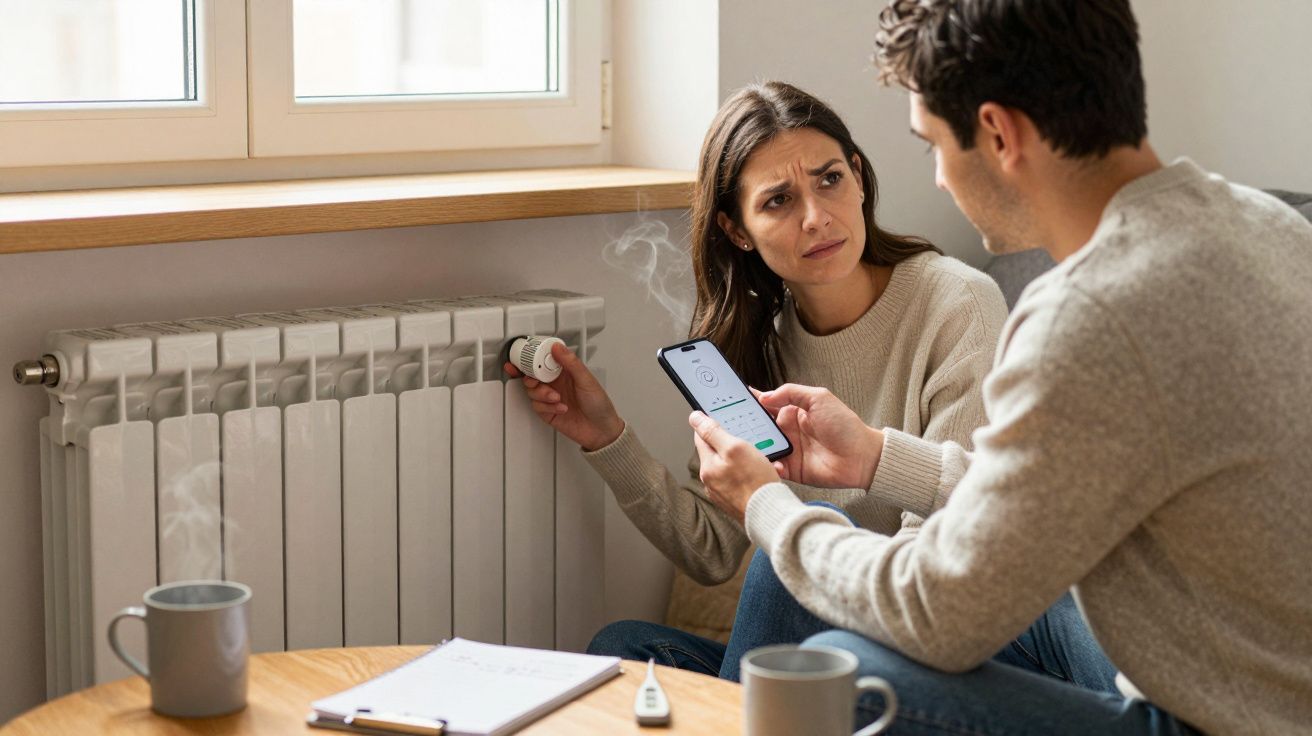 Couple adjusts home radiator with smartphone app, sitting near window with steaming mugs and notepad.