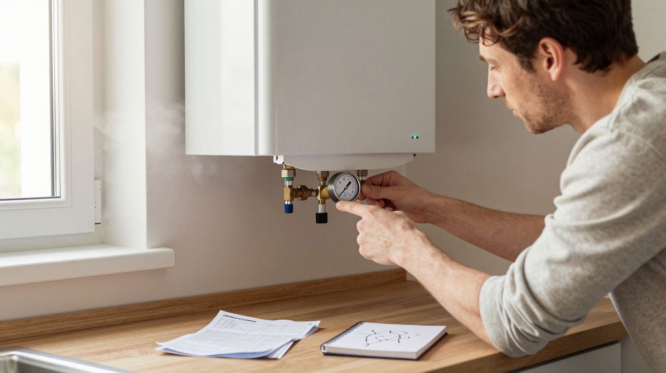 Man adjusting pressure gauge on a boiler next to instructions and notebook on wooden countertop by a window.