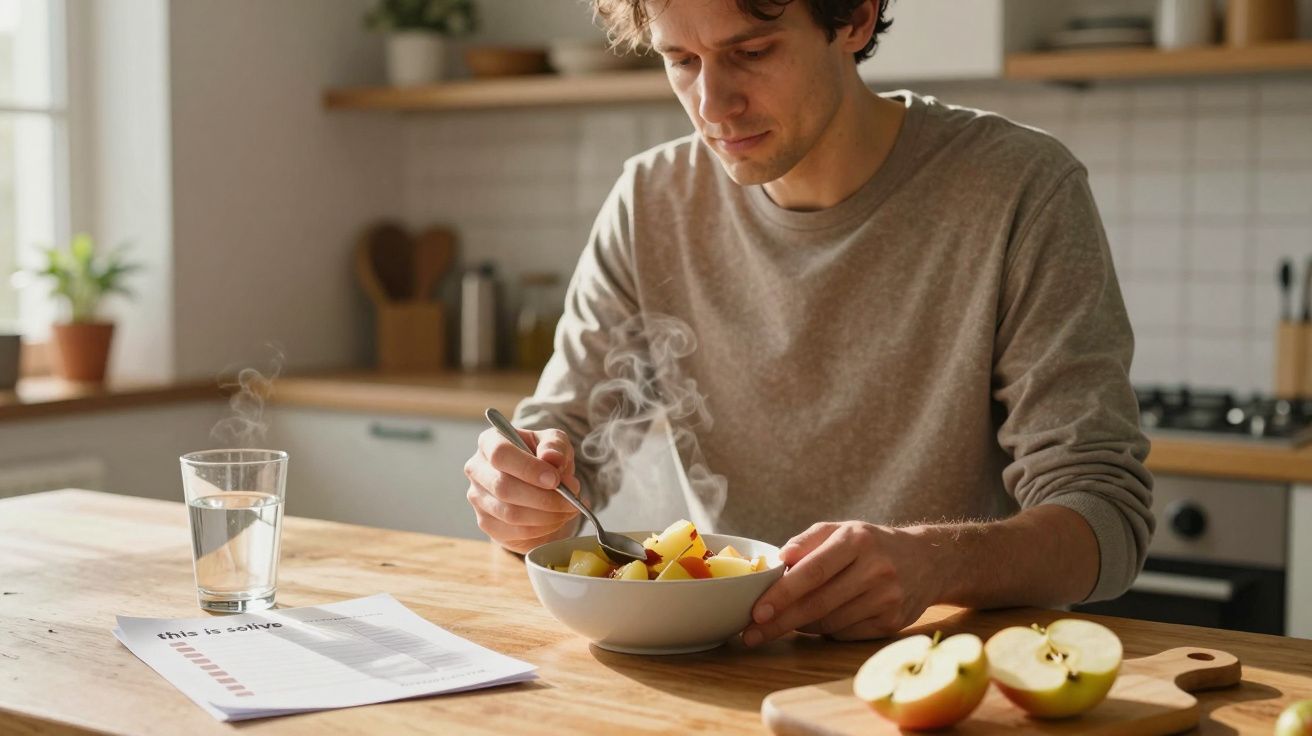 Man eating a bowl of hot food at a wooden kitchen table, with sliced apples and a glass of water nearby.