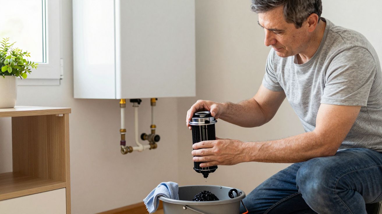Man cleaning a filter next to a boiler, using a bucket to catch debris in a home interior setting.