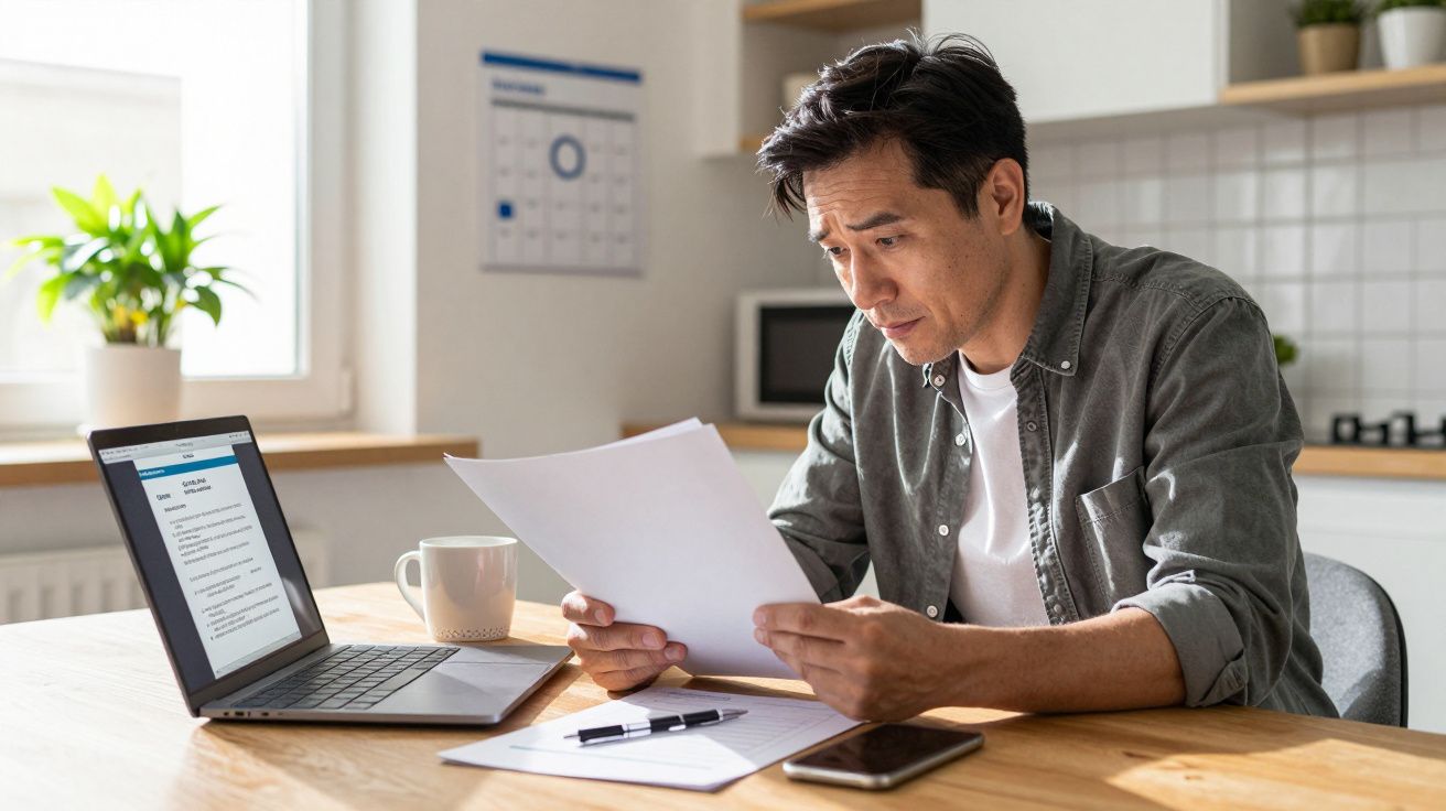Man reviewing documents at kitchen table with laptop, mug, and smartphone.