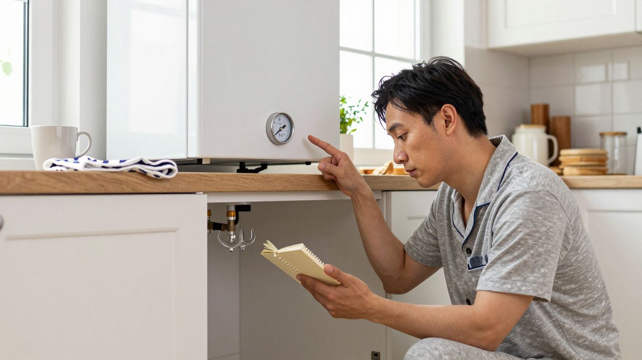 Man in pyjamas checks boiler gauge under kitchen counter, referring to a notebook.