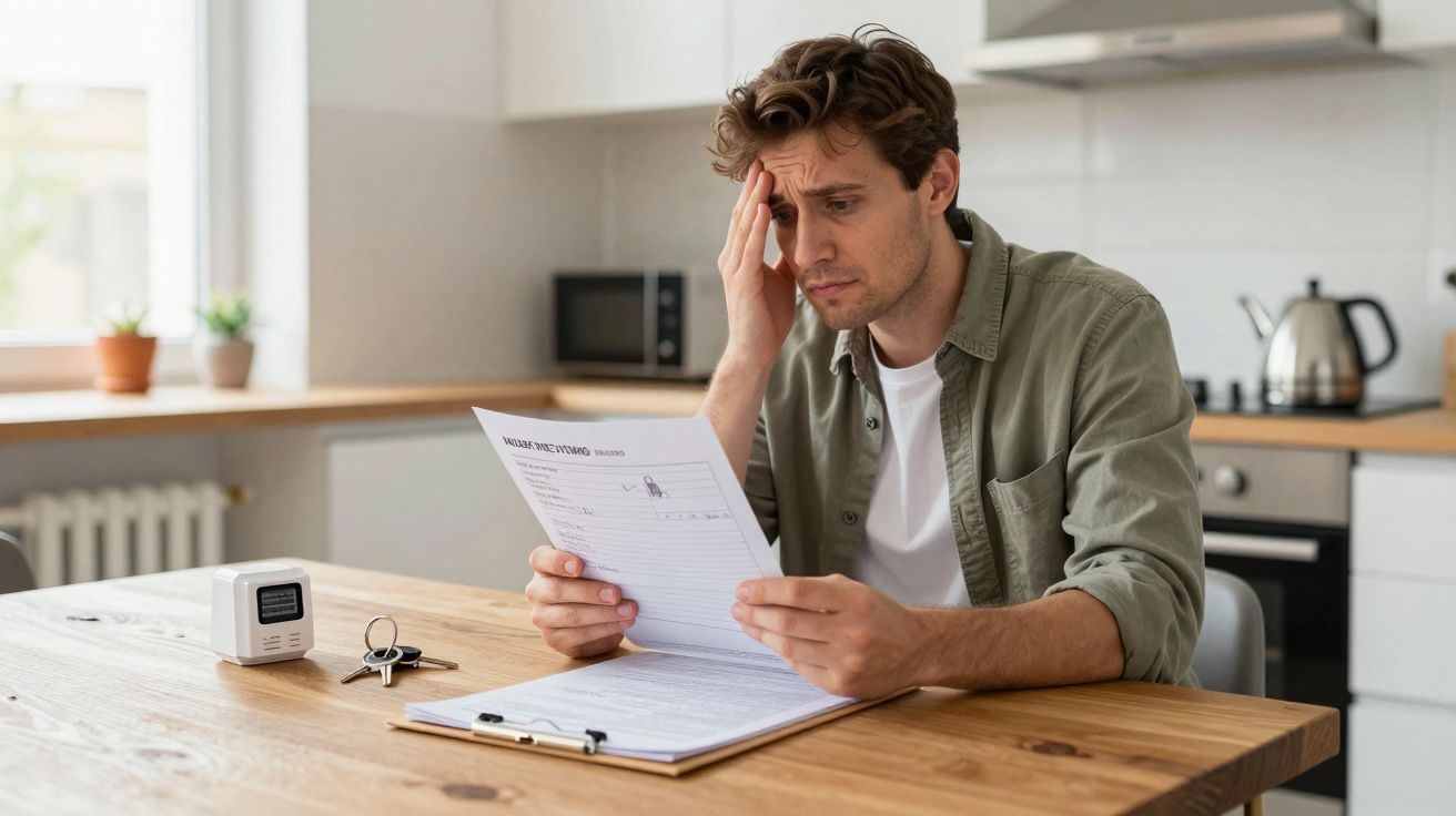 Man in kitchen looking stressed while reading a document at a table.
