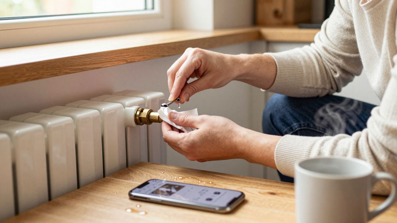 Person bleeding a radiator with a key, phone and cup nearby, seated by a window.
