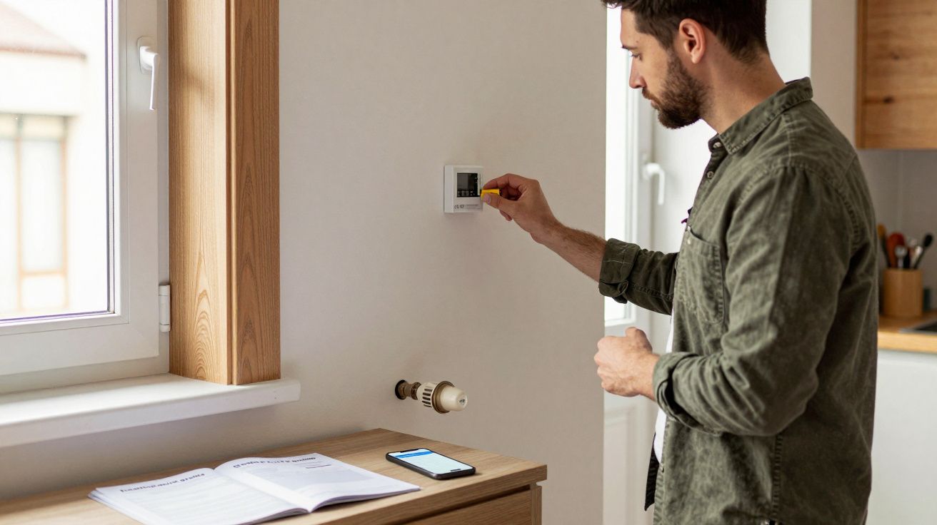 Man adjusts thermostat on wall with a screwdriver, mobile and open manual on nearby table. Light streams through window.
