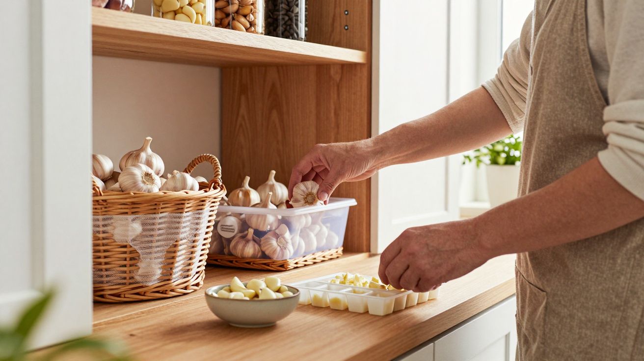 Person sorting garlic cloves in a kitchen, with baskets of garlic in the background on a wooden counter.