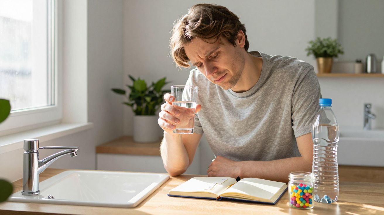 Man in grey t-shirt holds glass of water, sitting by sink with notebook, bottle, and sweets jar on wooden counter.