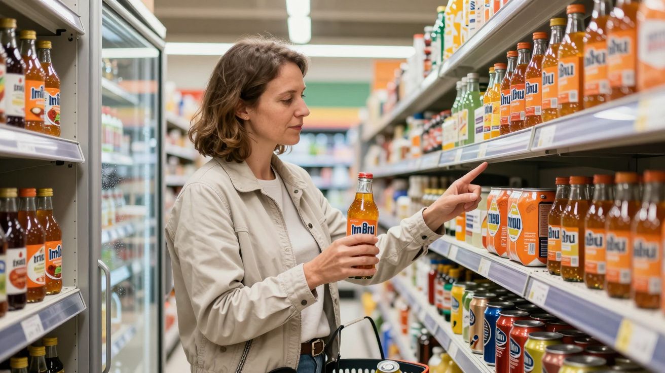 Woman in a beige jacket shopping for soft drinks, holding a bottle of Irn-Bru in a supermarket aisle.