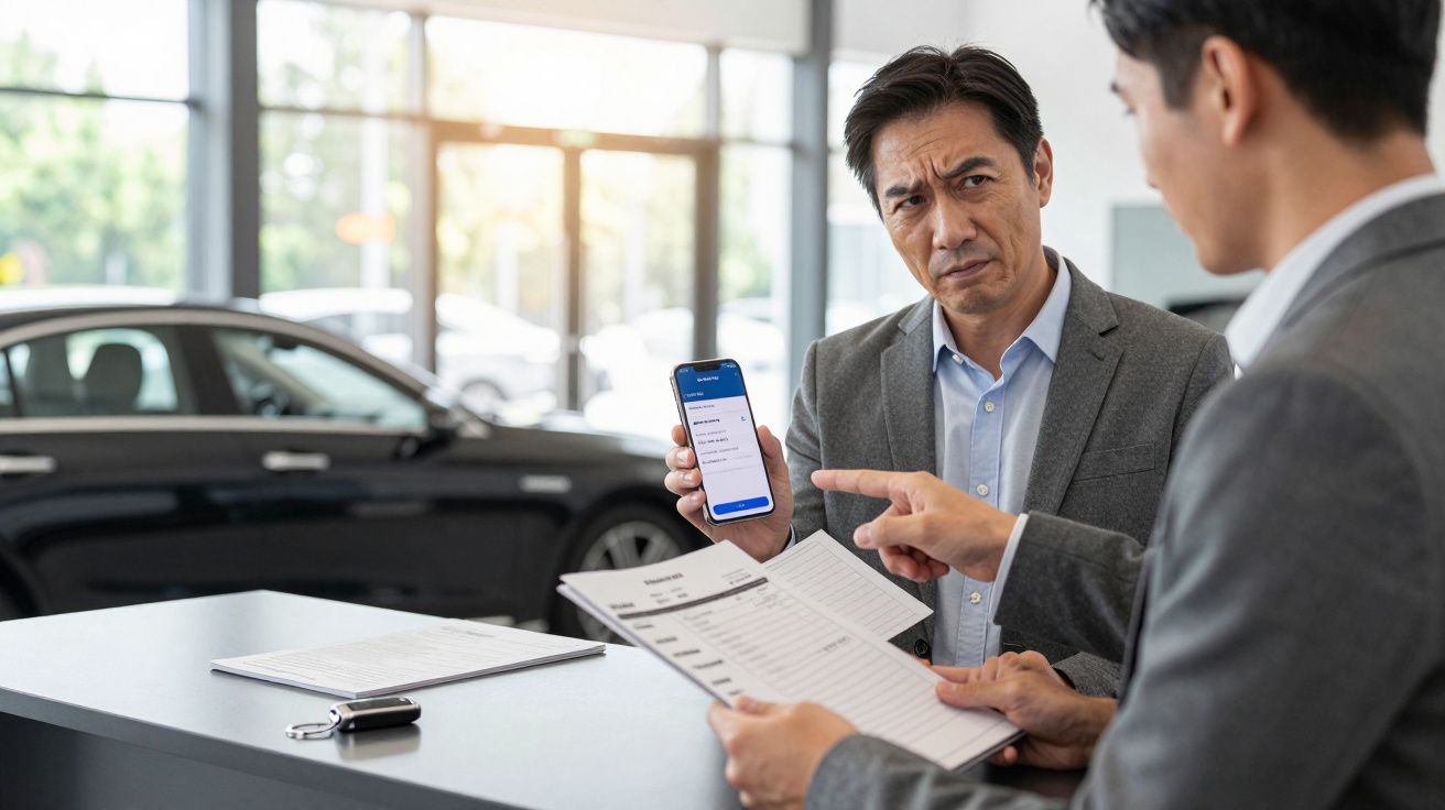 Two men in a car dealership, holding a smartphone and documents, discussing a vehicle purchase with keys on a counter.