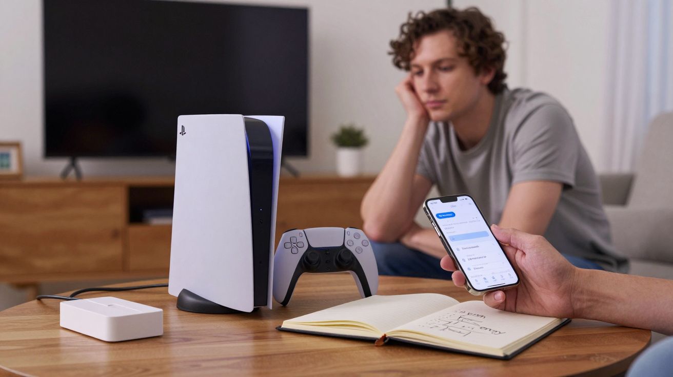 Man looking at phone and notebook near a gaming console and controller on a wooden table in a modern living room.