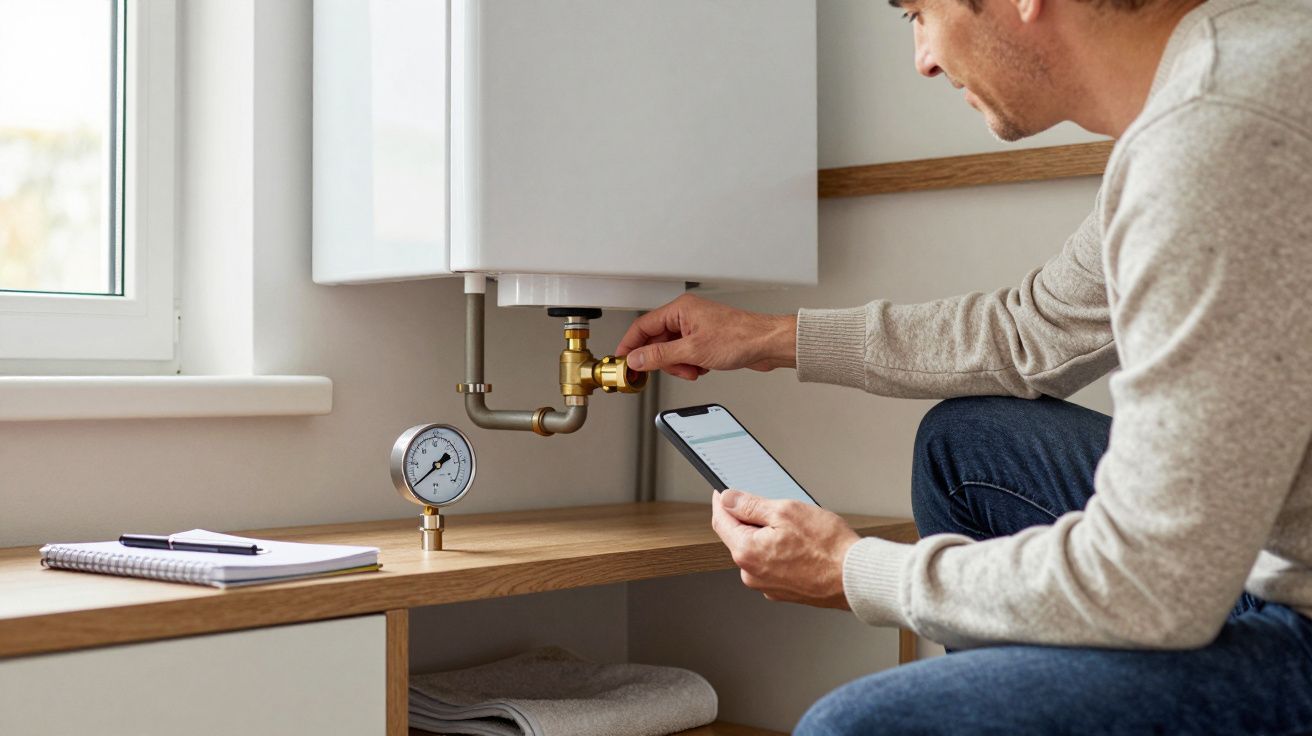 Man adjusting boiler valve while checking smartphone near pressure gauge.