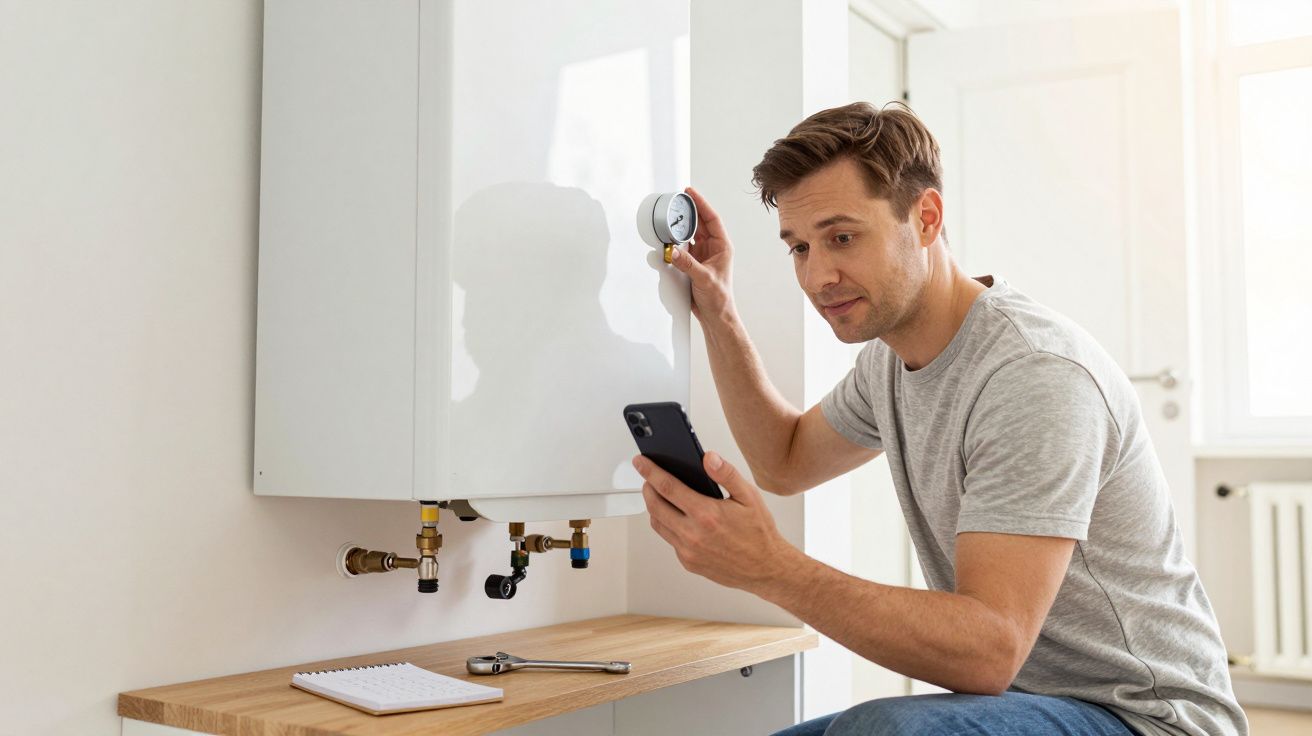 Man checks boiler pressure gauge while using smartphone, sitting on a workbench with tools and a notepad nearby.