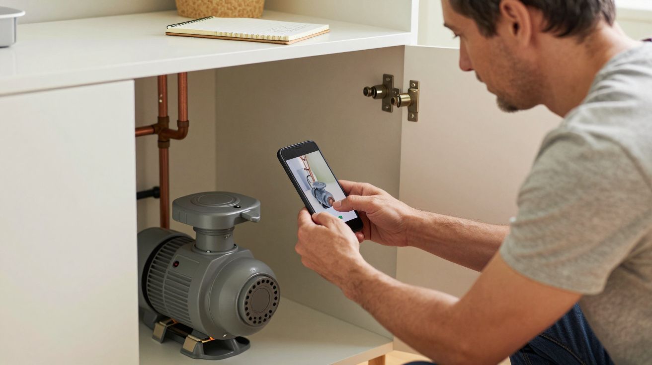Man photographing a pump inside a cabinet with a smartphone.