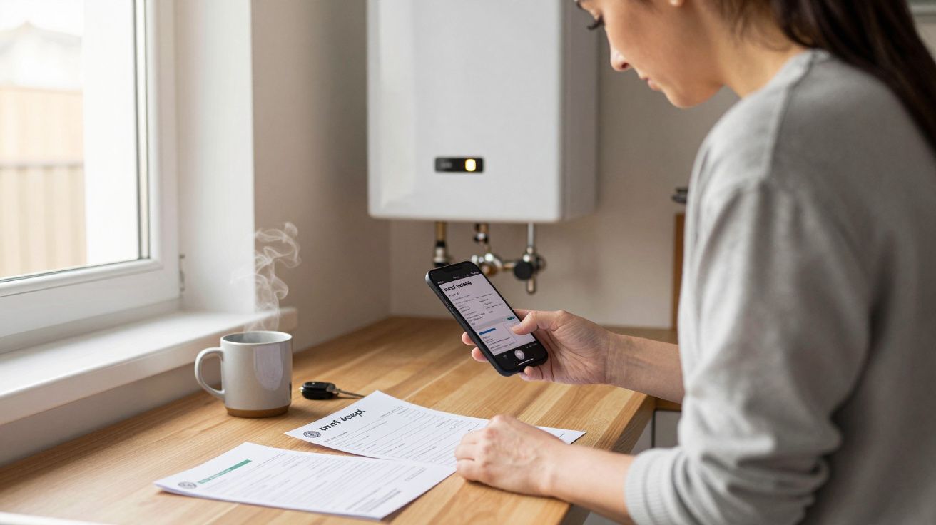 Woman checking a mobile app next to papers on a kitchen counter with a steaming mug and a boiler on the wall.