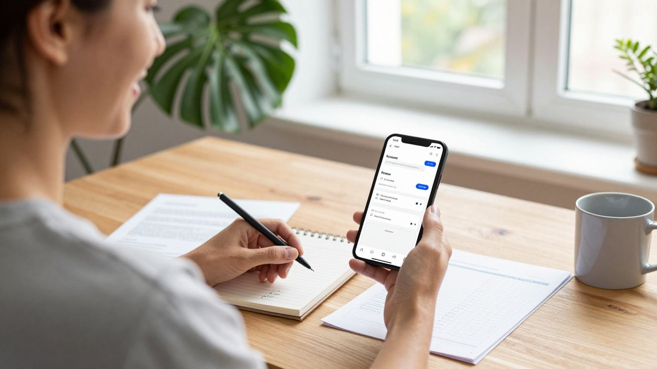 Woman writing in a notebook while looking at her phone, sitting at a wooden desk by a window with a cup and plant nearby.