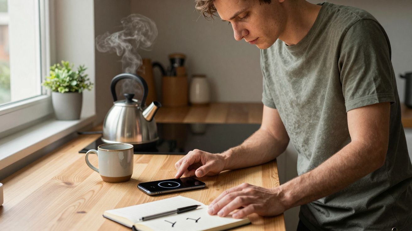 Man in grey t-shirt using smartphone at kitchen table with notebook, steaming kettle, and mug.