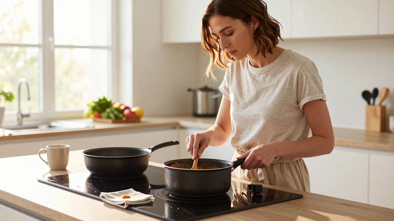 Woman cooking on a stove in a modern kitchen, stirring food in a pot.