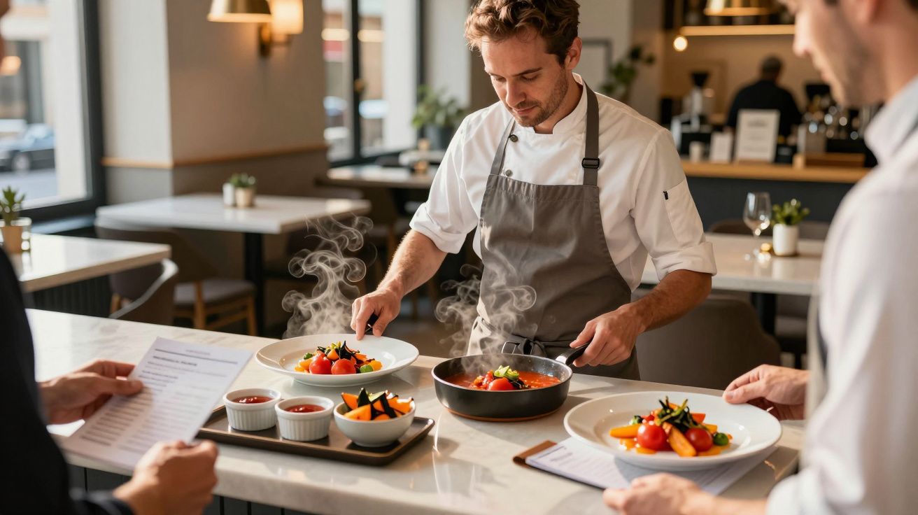 Chef plating dishes in a restaurant kitchen with two staff members reviewing menus in the foreground.