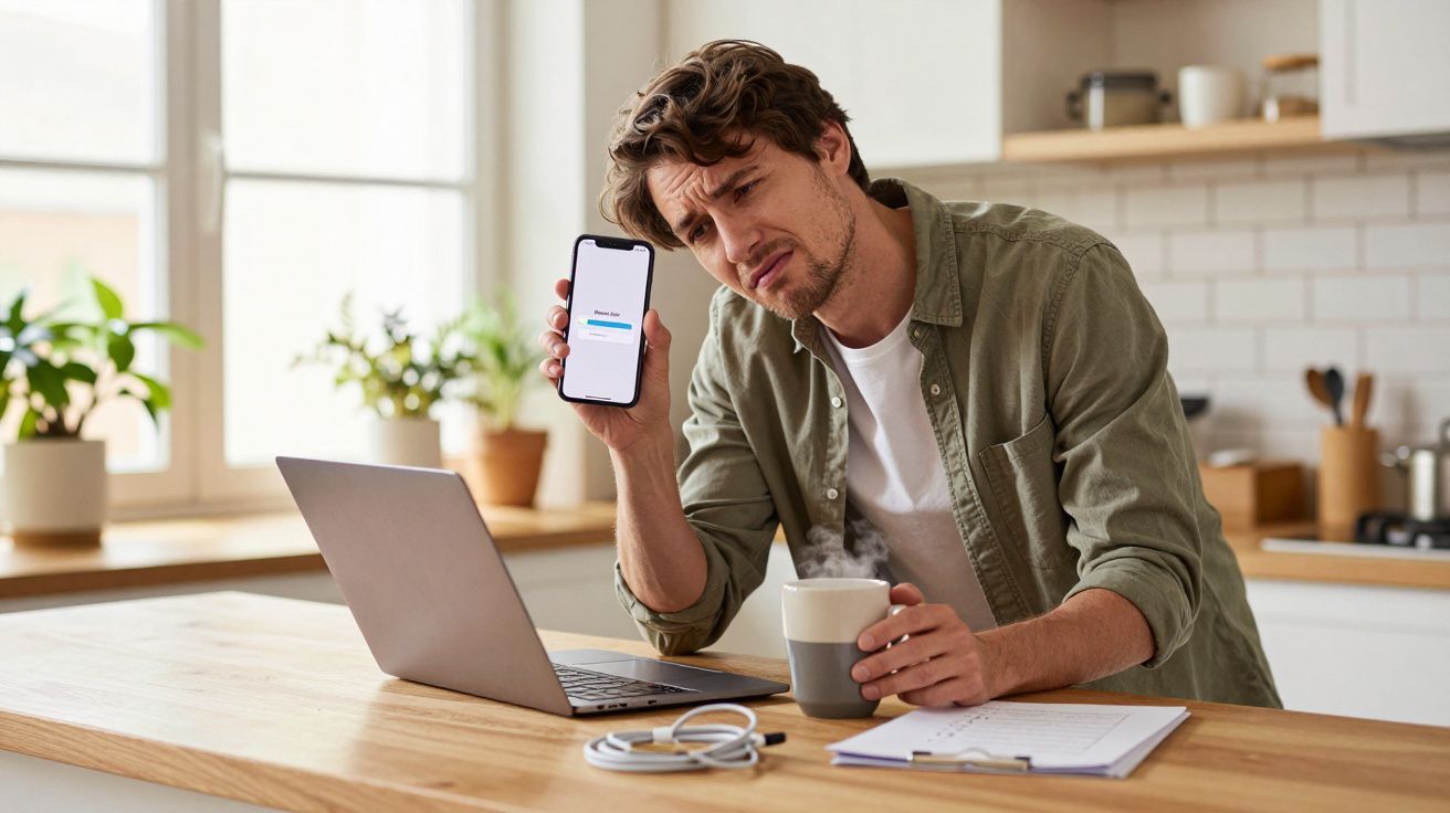 Man puzzled by phone, seated at kitchen counter with laptop, holding mug, clipboard and earphones nearby.
