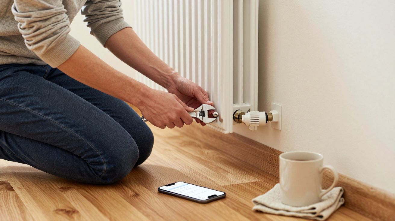 Person kneeling, adjusting a radiator valve with a spanner, next to a smartphone and coffee mug on wooden flooring.