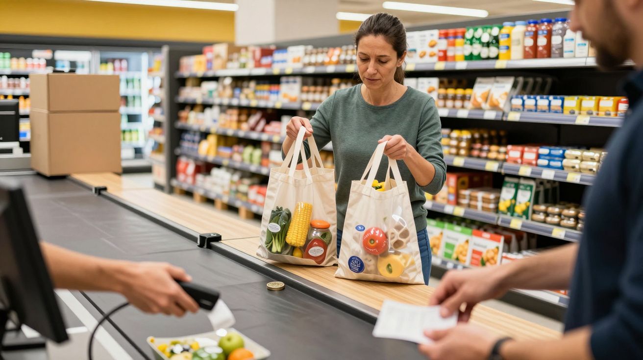 Woman at checkout packing groceries into bags, with cashier scanning items in supermarket.