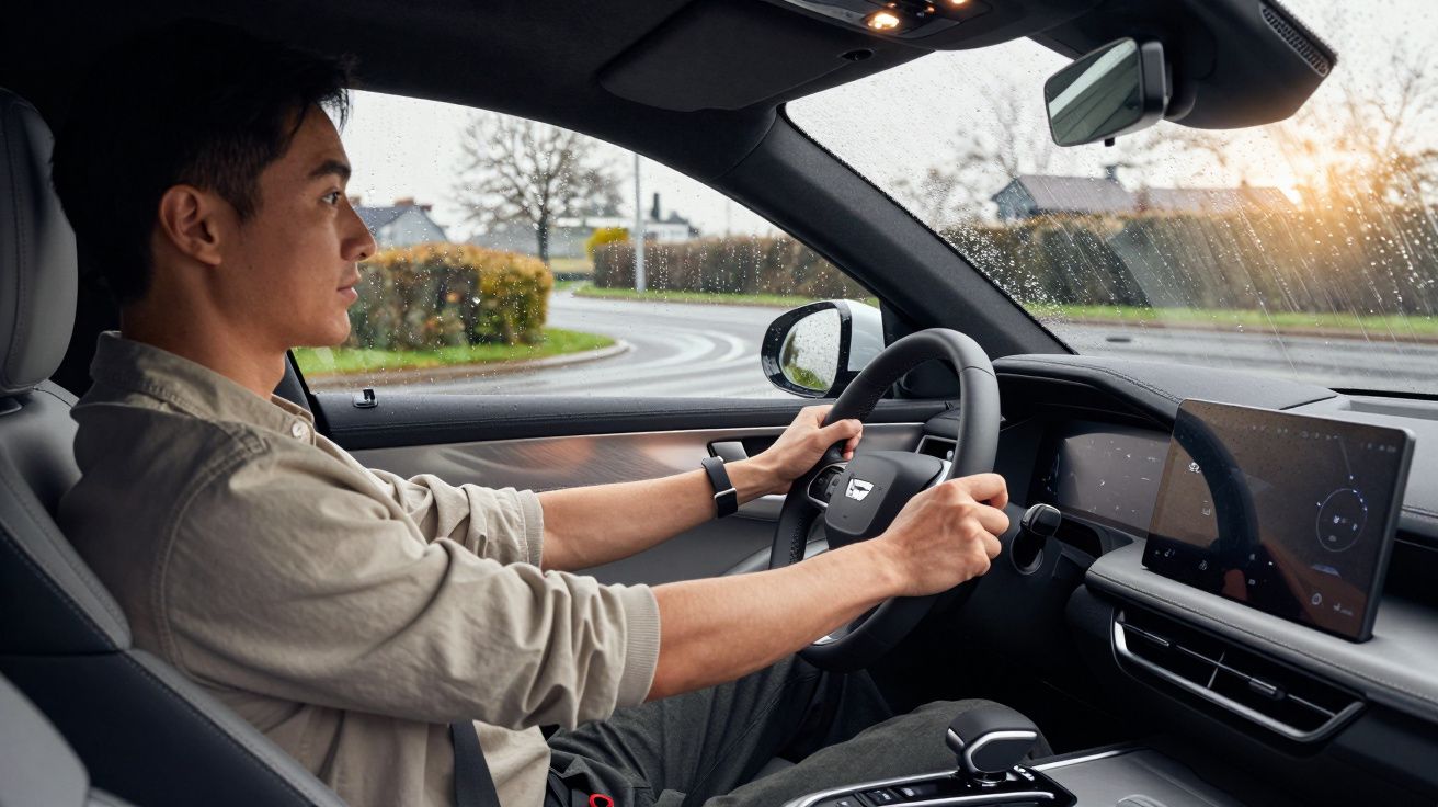 Man driving a modern car on a rainy day, focused on the road ahead with a digital display on the dashboard.