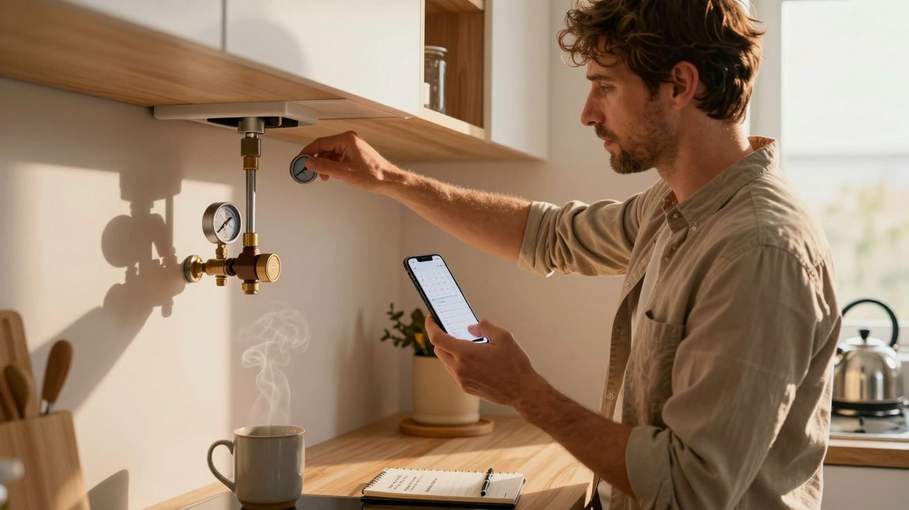 Man adjusting kitchen tap valve while holding a smartphone, with a steaming coffee mug on the counter nearby.