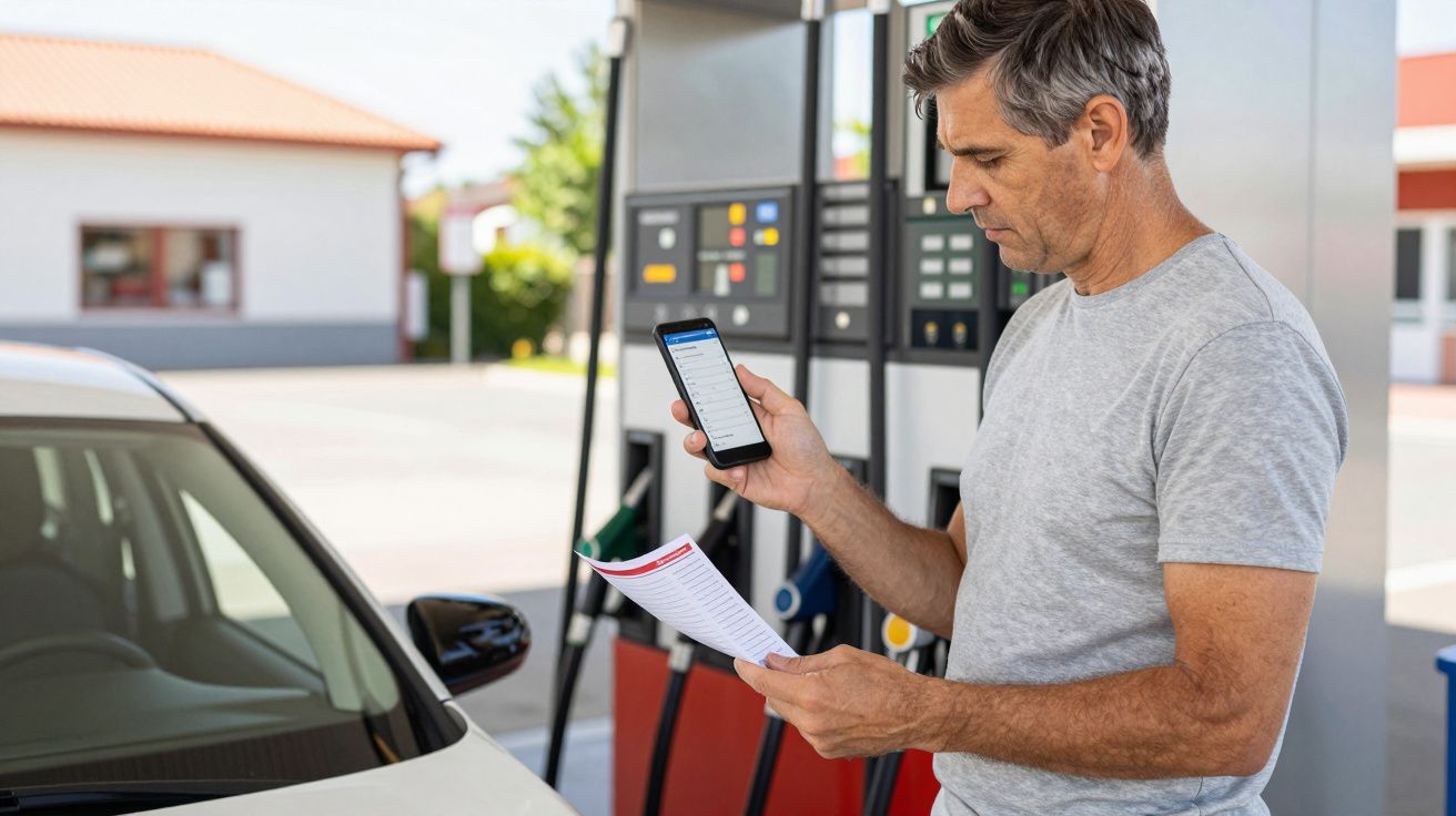 Man in grey T-shirt reading paper and phone at petrol station beside car.