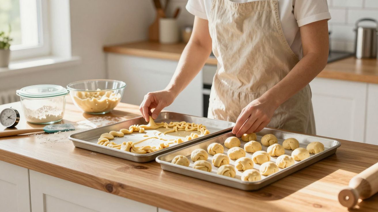 Person in apron baking dough shapes on trays in a bright kitchen.