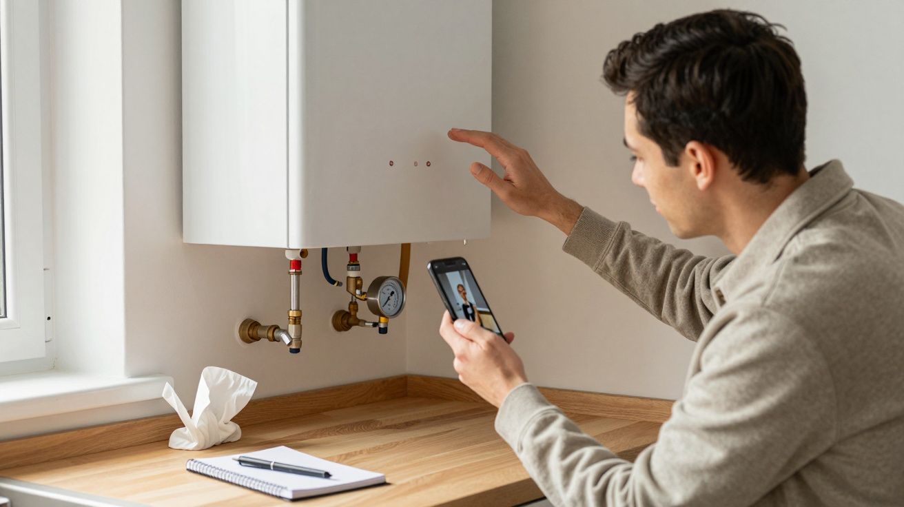 Man inspecting a boiler with a smartphone, next to a notebook and tissue box on a wooden countertop.