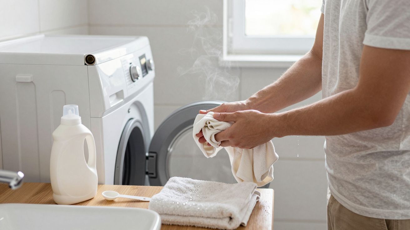 A person holds a steaming cloth near a washing machine with detergent on a wooden counter.