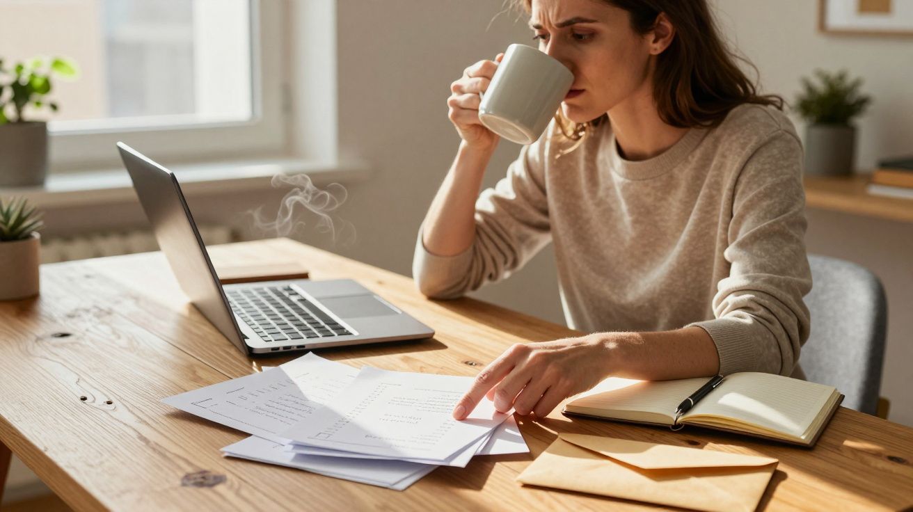 Woman drinking coffee, reading documents at a wooden desk with a laptop, notebook, and envelopes in a sunny room.