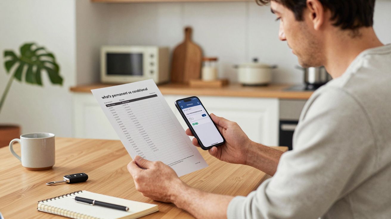 Man in kitchen looking at phone and holding document, with notepad, mug, and car key on table.