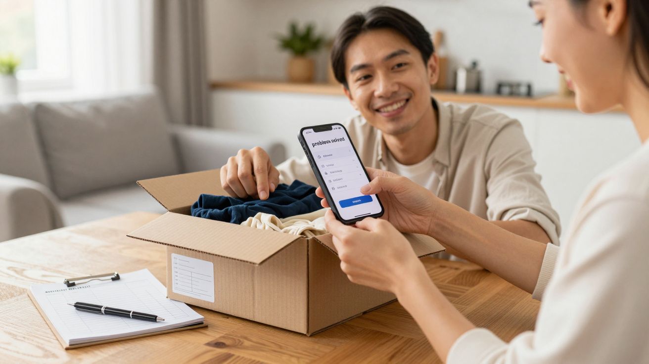 Smiling man and woman packing clothes in a box, using a smartphone for donation processing in a cosy living room.