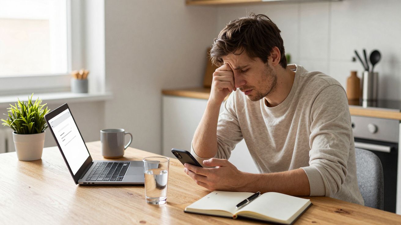 Man at kitchen table looks stressed while checking smartphone, with laptop, notebook, and mug nearby.