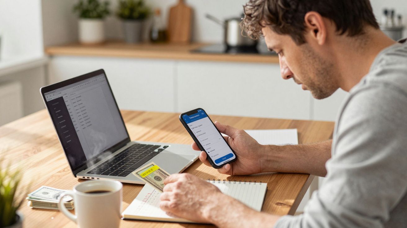 Man at wooden table checks phone next to a laptop, with coffee, notes, and currency on the table.