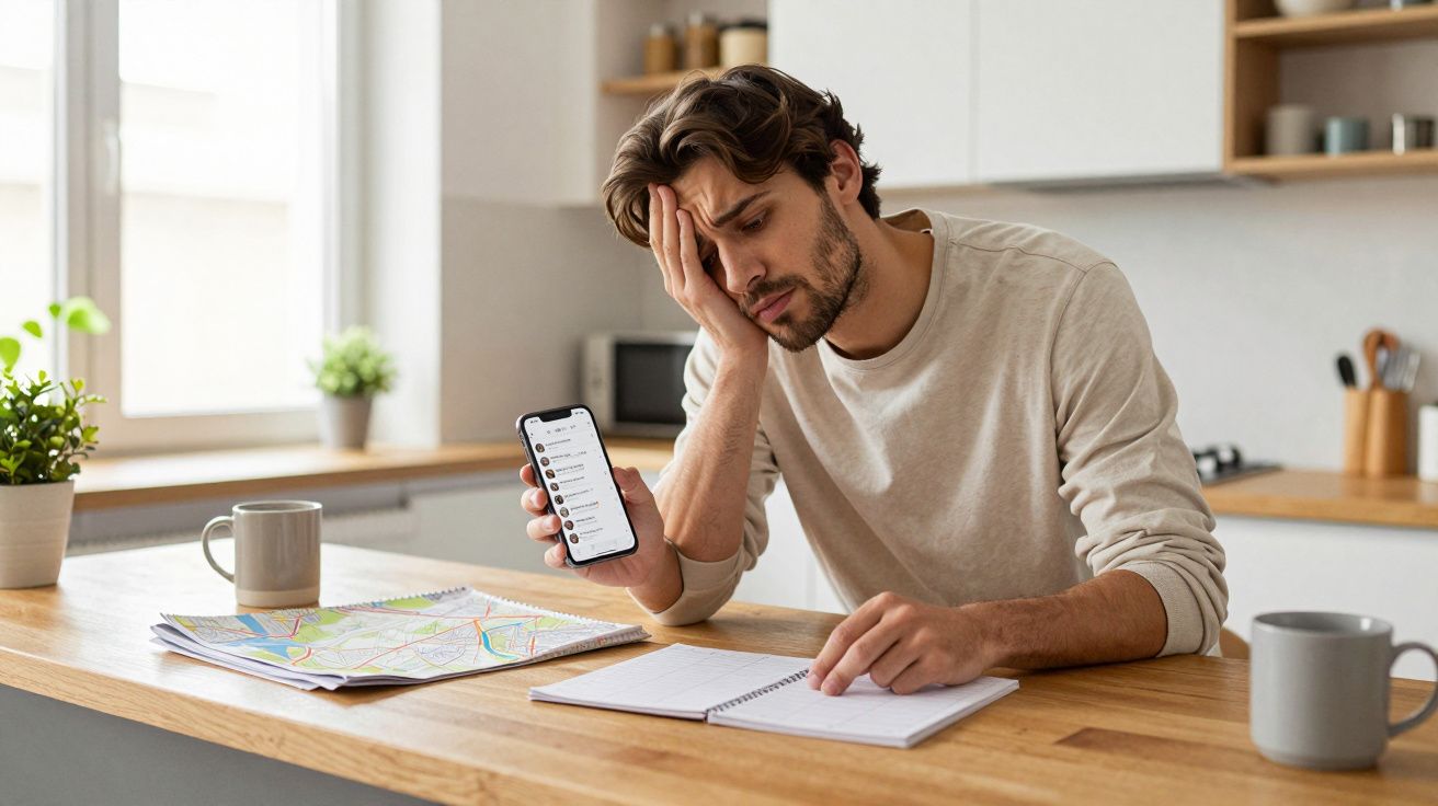Man frustrated at kitchen table, holding smartphone with chat app, map and notebook nearby.