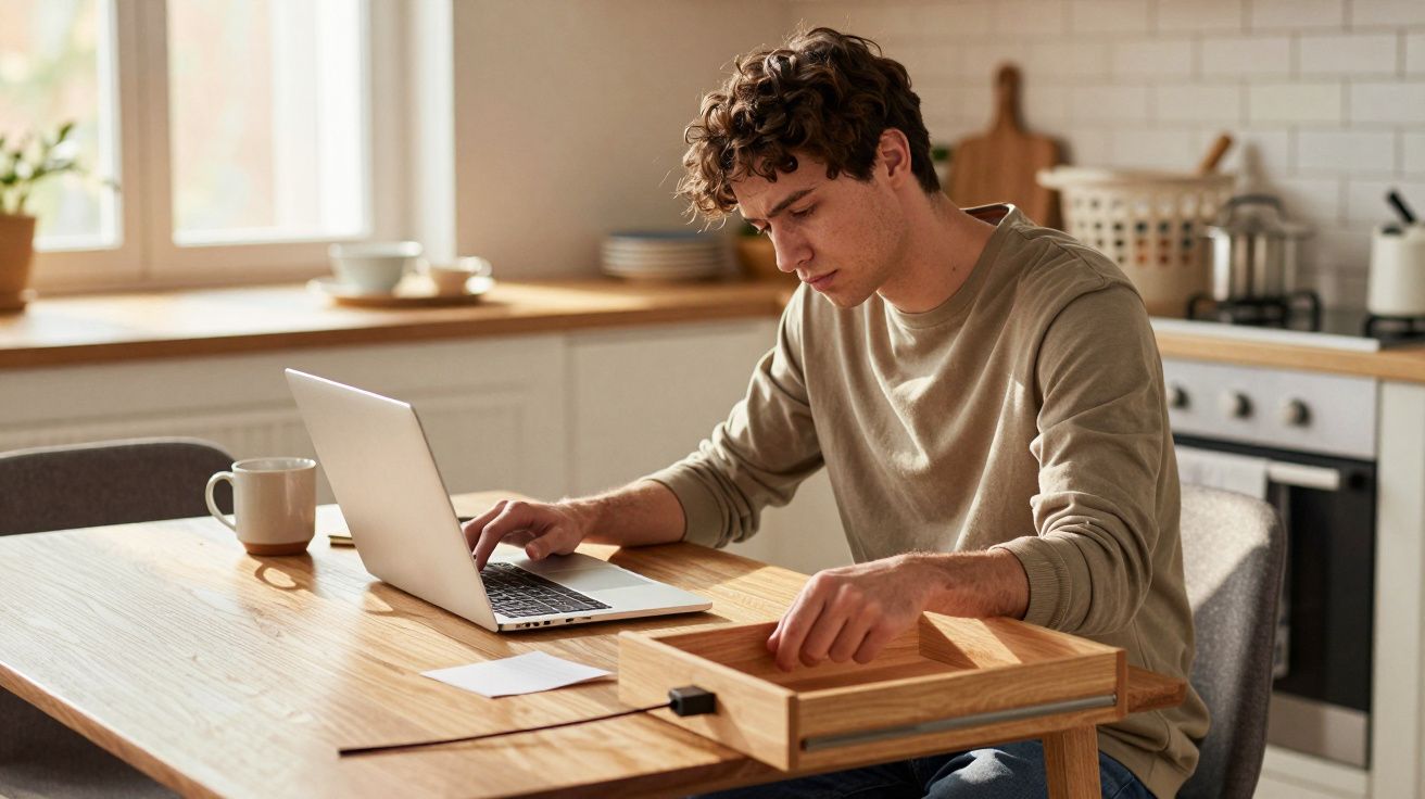Man sitting at kitchen table, working on a laptop with an open drawer, mug and papers nearby.