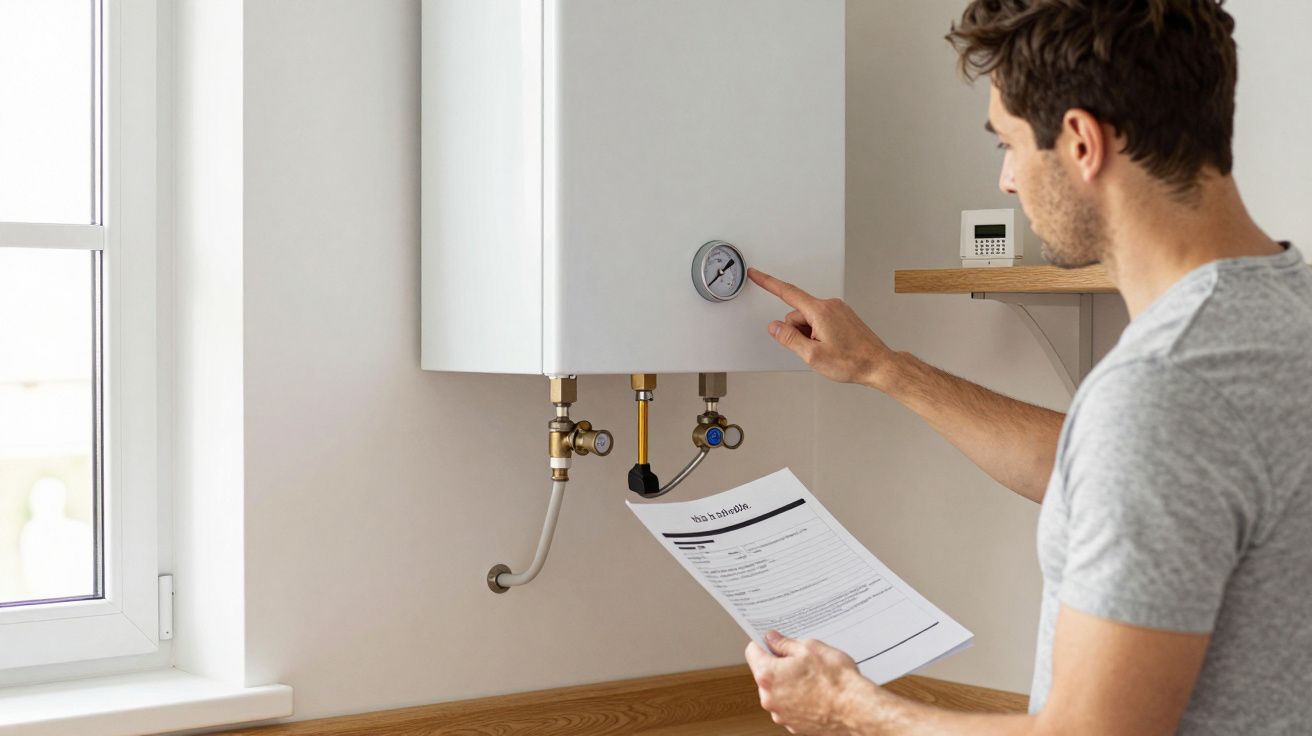 Man adjusting home boiler controls while reading a manual, near a window and a shelving unit.