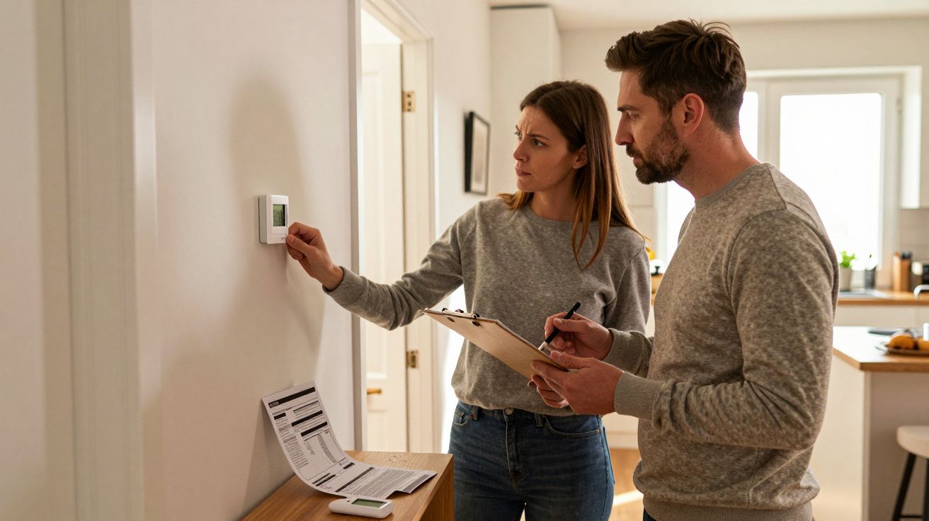Couple adjusting thermostat in home, holding clipboard and documents, checking settings in a bright kitchen area.