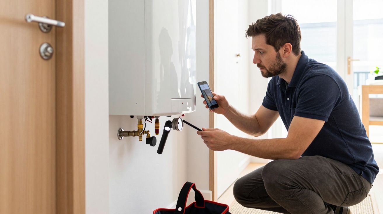 Man repairing a wall-mounted boiler while checking instructions on his smartphone.