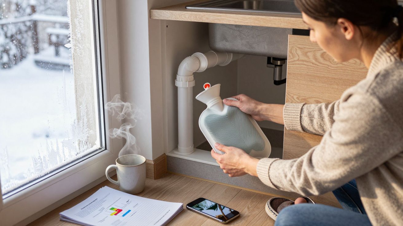 Woman holding a hot water bottle under sink, with steaming mug, phone, and documents on the floor by a frosted window.