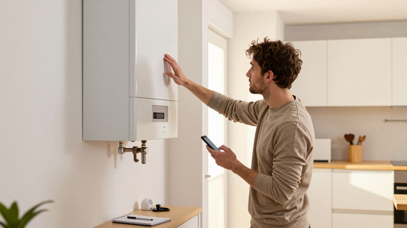 Man adjusting a boiler in a modern kitchen while holding a smartphone, with a notebook on the table.