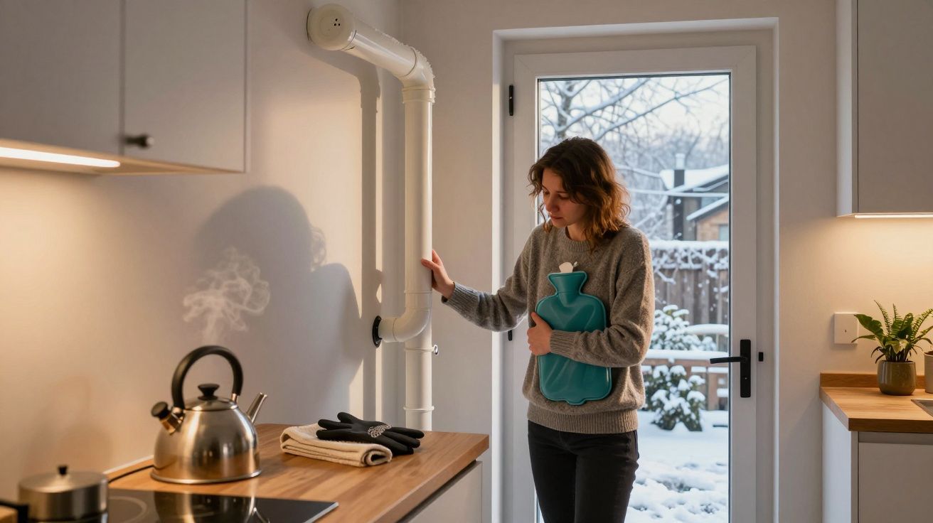 Woman holding hot water bottle in kitchen, wearing a jumper, with snow visible outside the glass door.