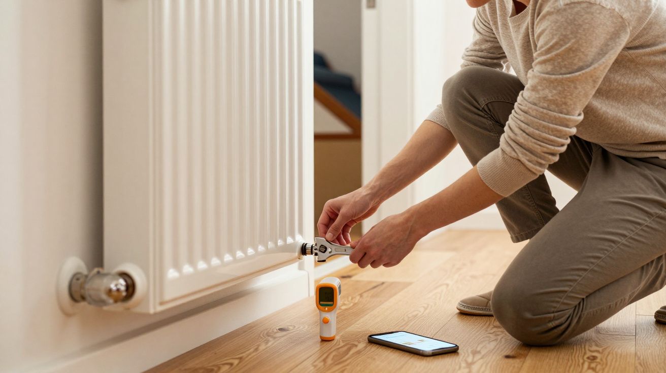 A person adjusts a radiator with a spanner, while a thermometer and smartphone are on the wooden floor nearby.