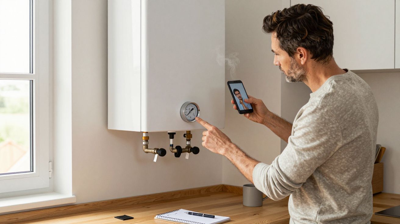 Man checking boiler pressure gauge while on a video call, standing in a bright kitchen.